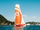 Racing yacht in open water sponsored by global brand.