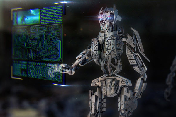 Humanoid Robot Analysing Digital Data.